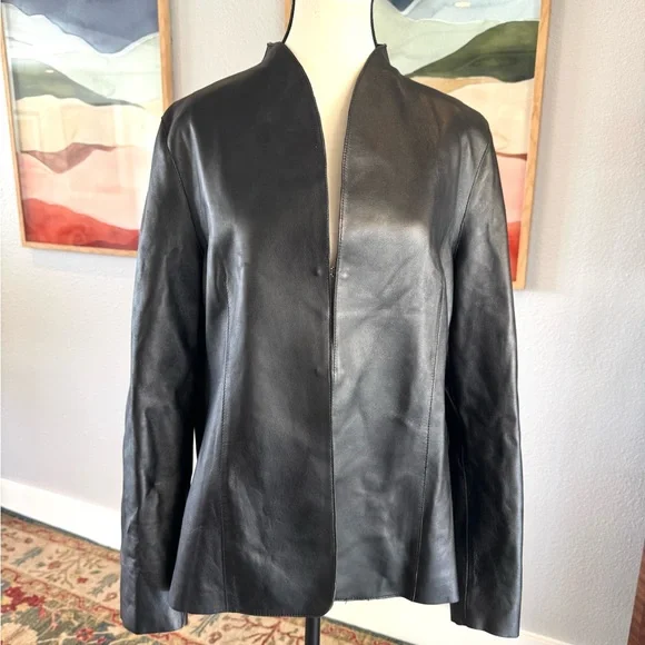 Pamela Dennis Black Leather Collarless Jacket - Picture 6 of 9
